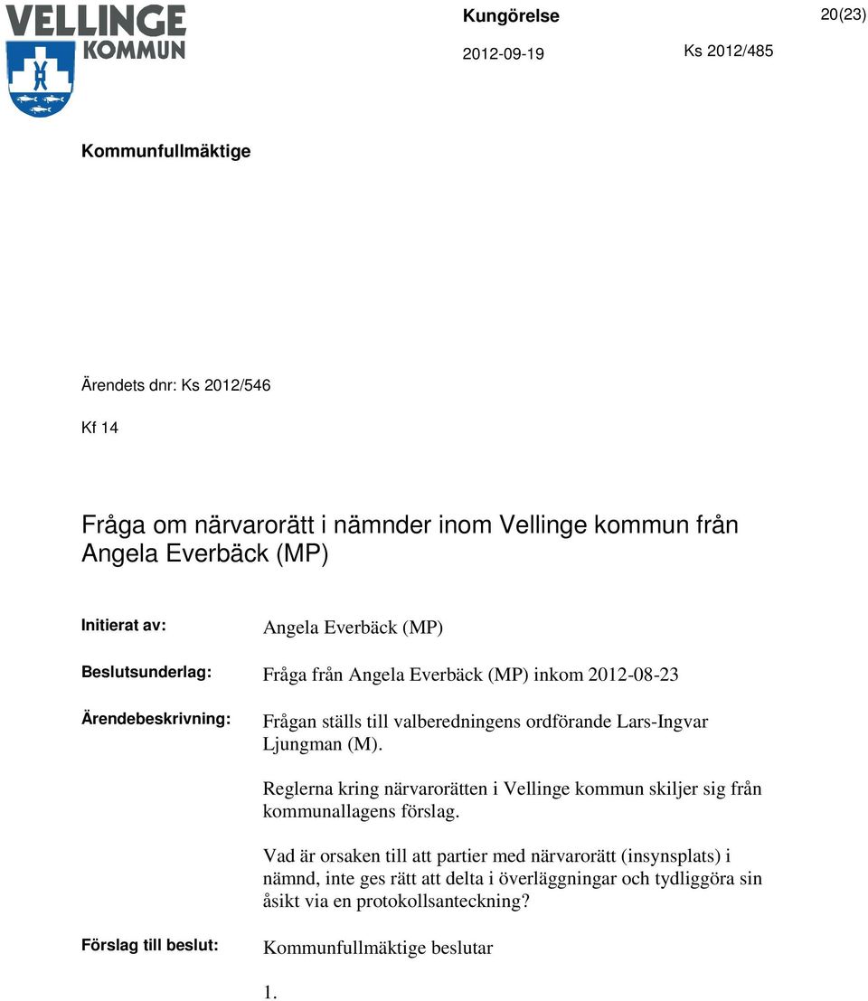 Ljungman (M). Reglerna kring närvarorätten i Vellinge kommun skiljer sig från kommunallagens förslag.