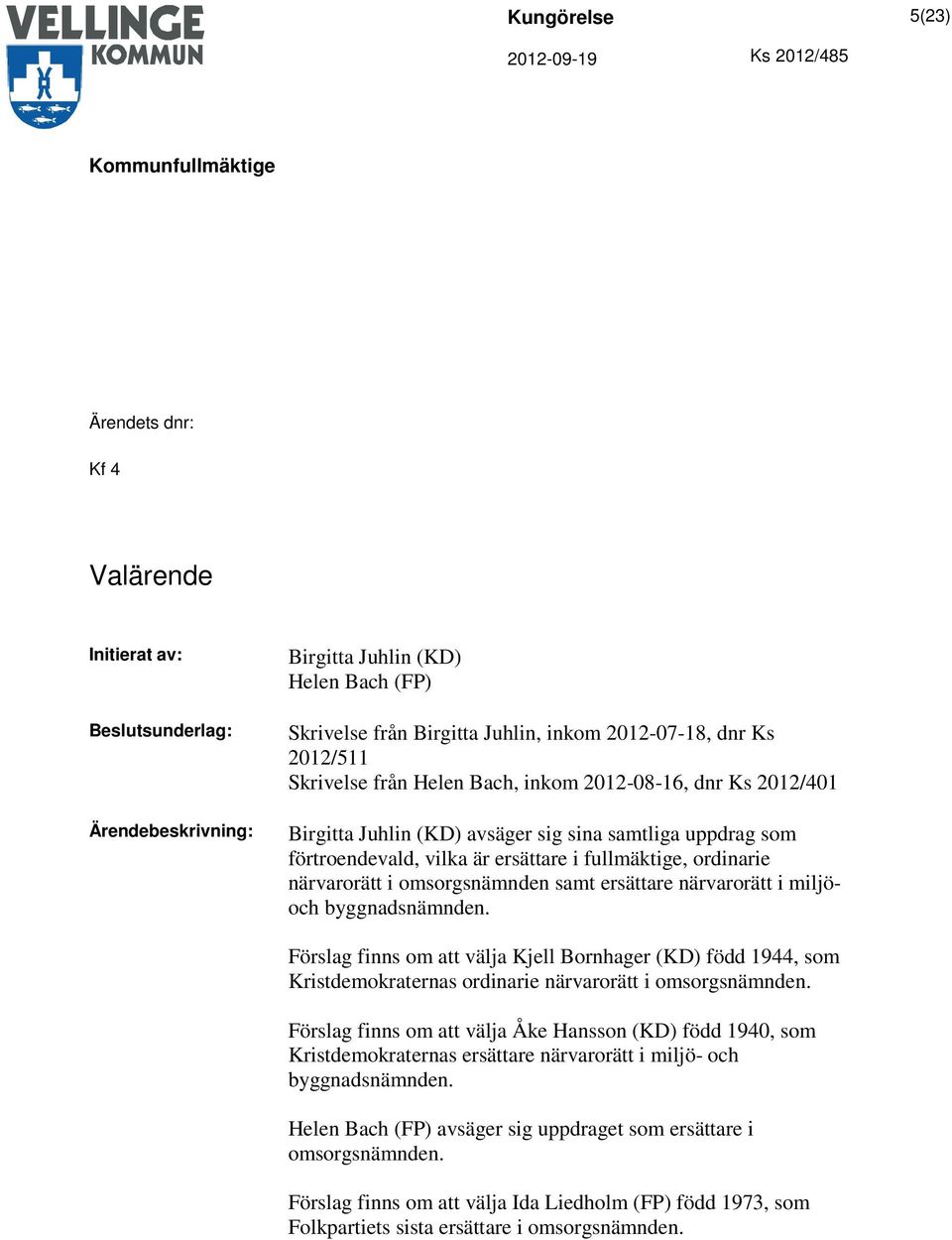 miljöoch byggnadsnämnden. Förslag finns om att välja Kjell Bornhager (KD) född 1944, som Kristdemokraternas ordinarie närvarorätt i omsorgsnämnden.