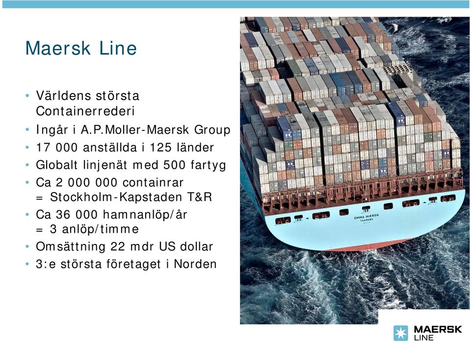 500 fartyg Ca 2 000 000 containrar = Stockholm-Kapstaden T&R Ca 36 000