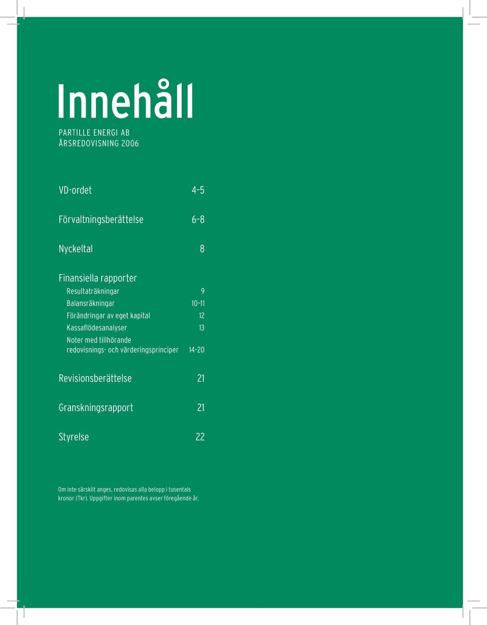 med tillhörande redovisnings- och värderingsprinciper 14 20 Revisionsberättelse 21 Granskningsrapport 21 Styrelse