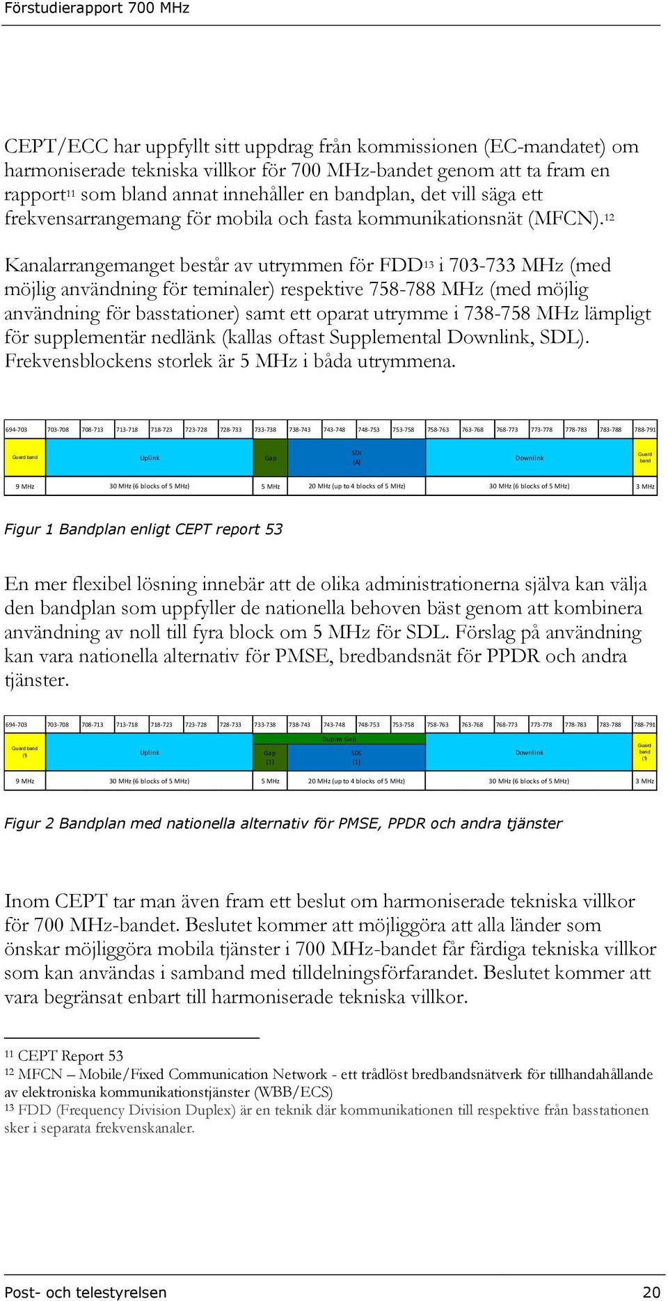 12 Kanalarrangemanget består av utrymmen för FDD 13 i 703-733 MHz (med möjlig användning för teminaler) respektive 758-788 MHz (med möjlig användning för basstationer) samt ett oparat utrymme i