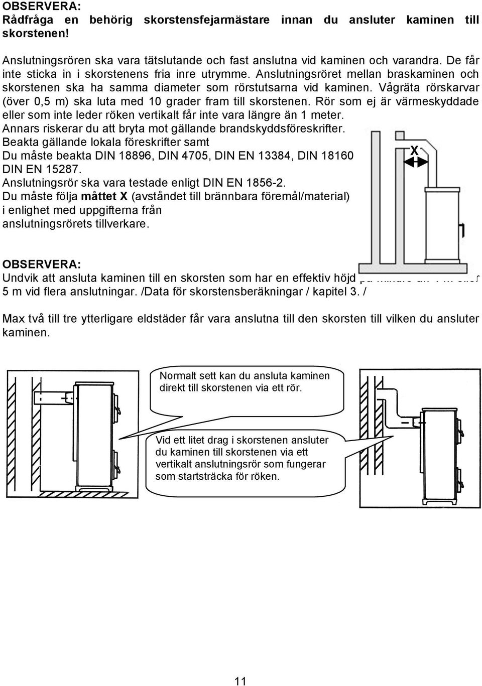 Vågräta rörskarvar (över 0,5 m) ska luta med 10 grader fram till skorstenen. Rör som ej är värmeskyddade eller som inte leder röken vertikalt får inte vara längre än 1 meter.
