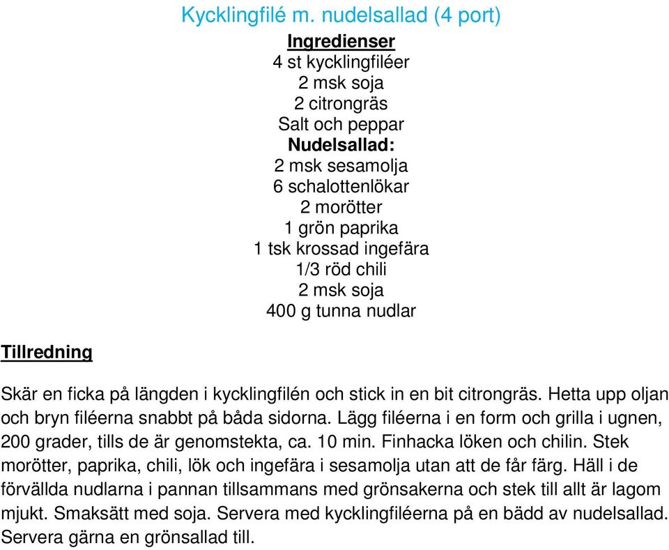 chili 2 msk soja 400 g tunna nudlar Tillredning Skär en ficka på längden i kycklingfilén och stick in en bit citrongräs. Hetta upp oljan och bryn filéerna snabbt på båda sidorna.