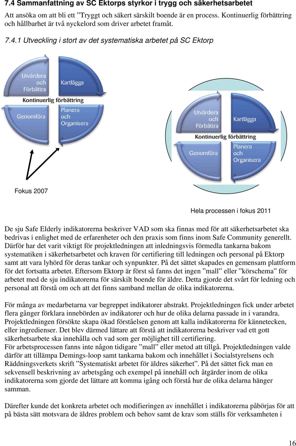 1 Utveckling i stort av det systematiska arbetet på SC Ektorp Fokus 2007 Bild 6 Hela processen i fokus 2011 De sju Safe Elderly indikatorerna beskriver VAD som ska finnas med för att säkerhetsarbetet