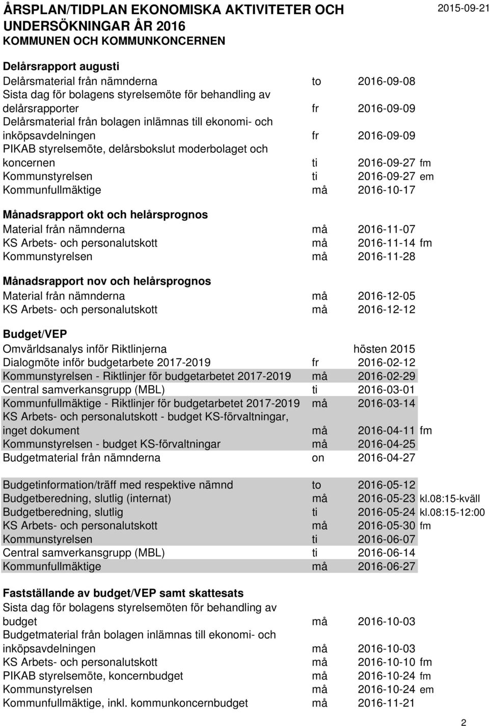 Material från nämnderna må 2016-11-07 KS Arbets- och personalutskott må 2016-11-14 fm Kommunstyrelsen må 2016-11-28 Månadsrapport nov och helårsprognos Material från nämnderna må 2016-12-05 KS