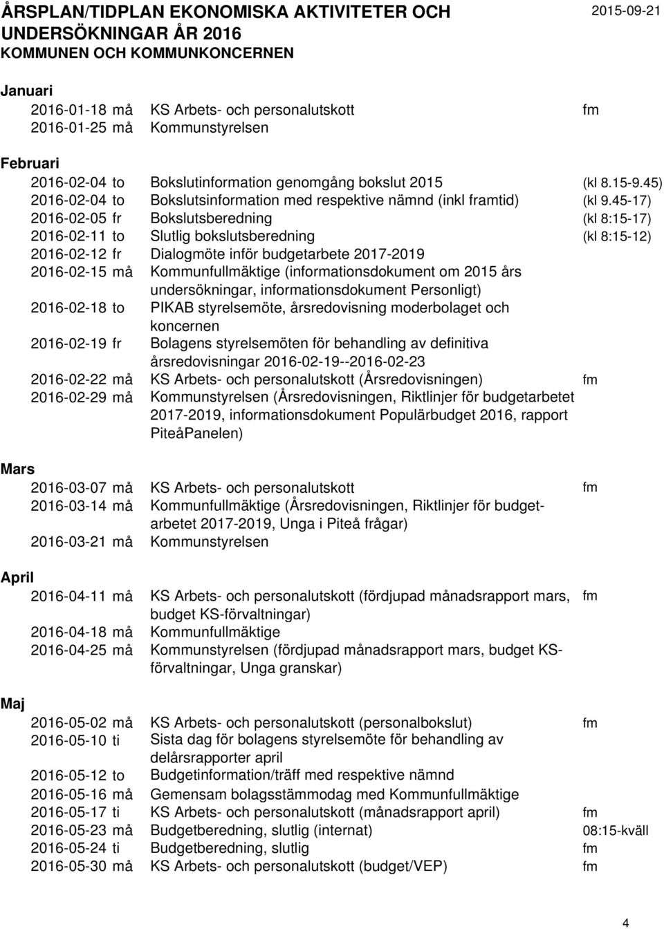 45-17) 2016-02-05 fr Bokslutsberedning (kl 8:15-17) 2016-02-11 to Slutlig bokslutsberedning (kl 8:15-12) 2016-02-12 fr Dialogmöte inför budgetarbete 2017-2019 2016-02-15 må Kommunfullmäktige