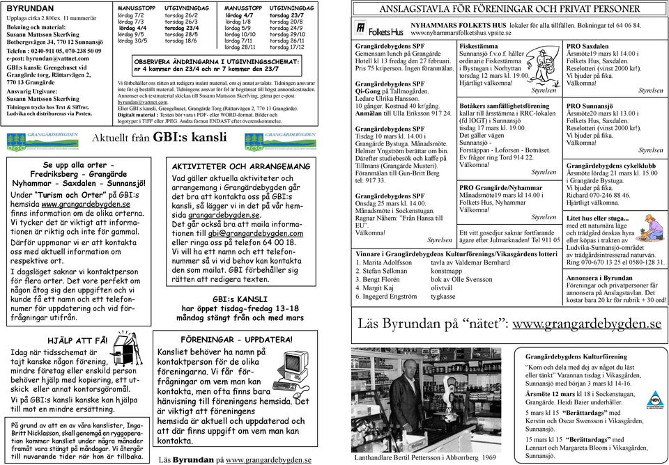 Posten. Se upp alla orter - Fredriksberg - Grangärde Nyhammar - Saxdalen - Sunnansjö! Under Turism och Orter på GBI:s hemsida www.grangardebygden.se finns information om de olika orterna.
