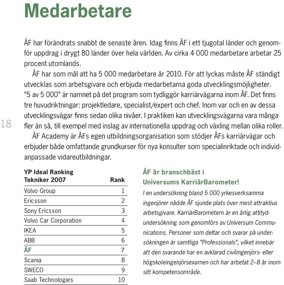 För att lyckas måste ÅF ständigt utvecklas som arbetsgivare och erbjuda medarbetarna goda utvecklingsmöjligheter. 5 av 5 000 är namnet på det program som tydliggör karriärvägarna inom ÅF.