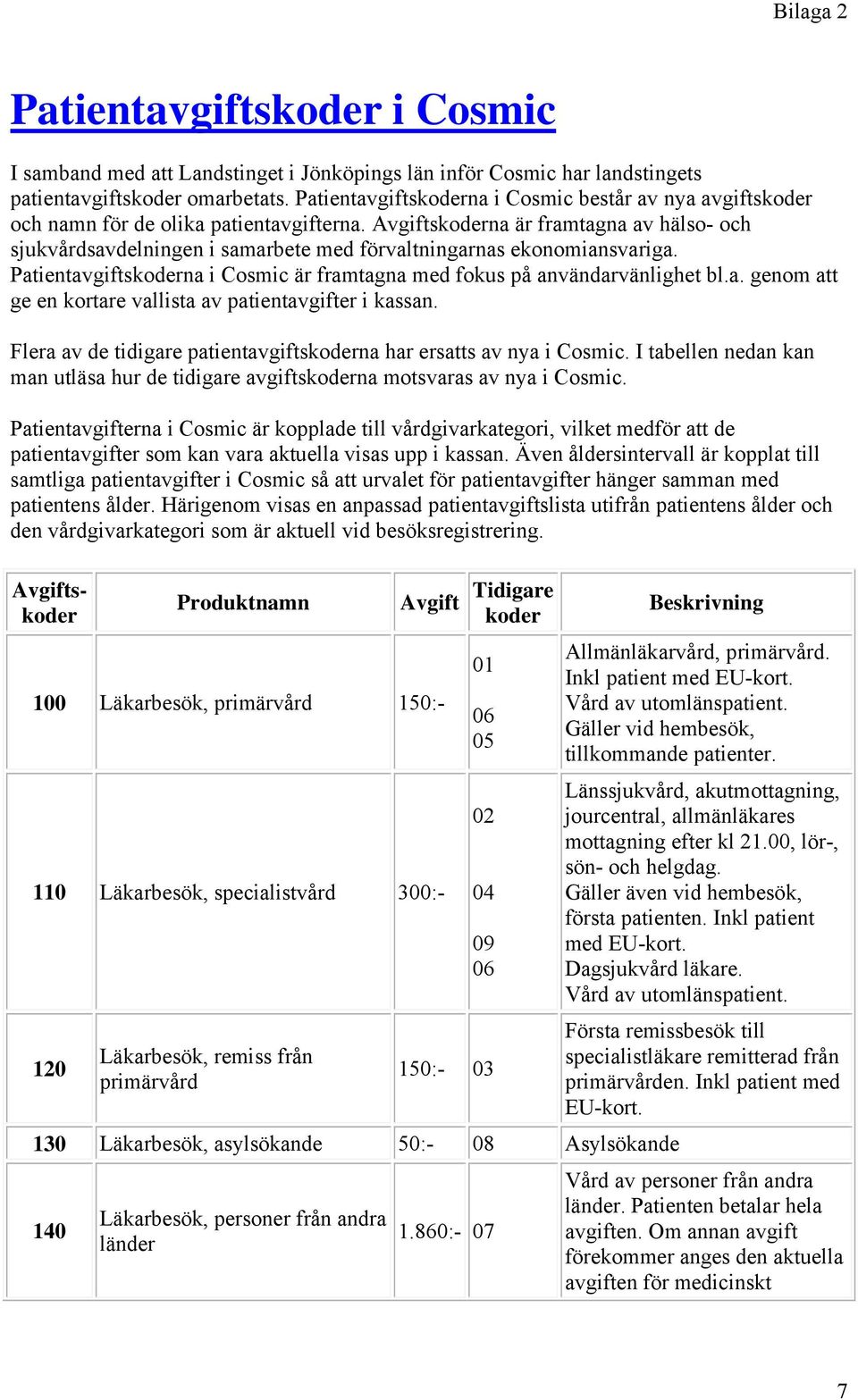 Avgiftskoderna är framtagna av hälso- och sjukvårdsavdelningen i samarbete med förvaltningarnas ekonomiansvariga. Patientavgiftskoderna i Cosmic är framtagna med fokus på användarvänlighet bl.a. genom att ge en kortare vallista av patientavgifter i kassan.