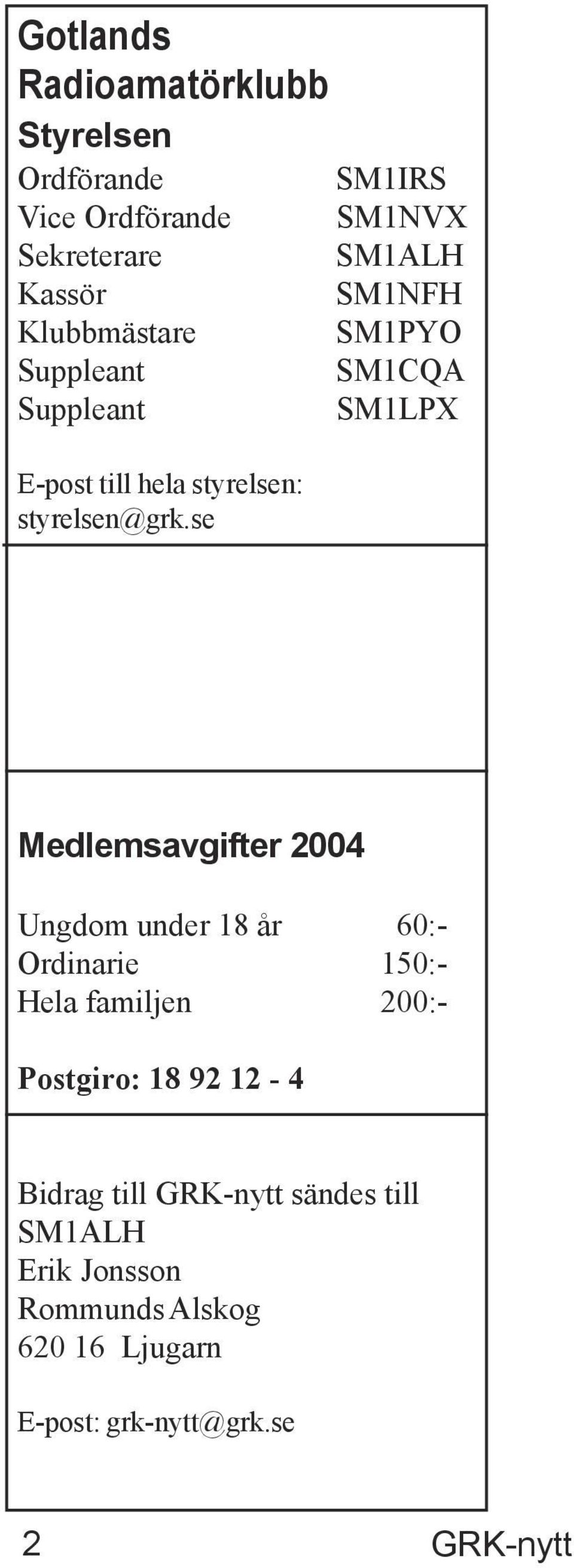 se SM1IRS SM1NVX SM1ALH SM1NFH SM1PYO SM1CQA SM1LPX Medlemsavgifter 2004 Ungdom under 18 år 60:- Ordinarie