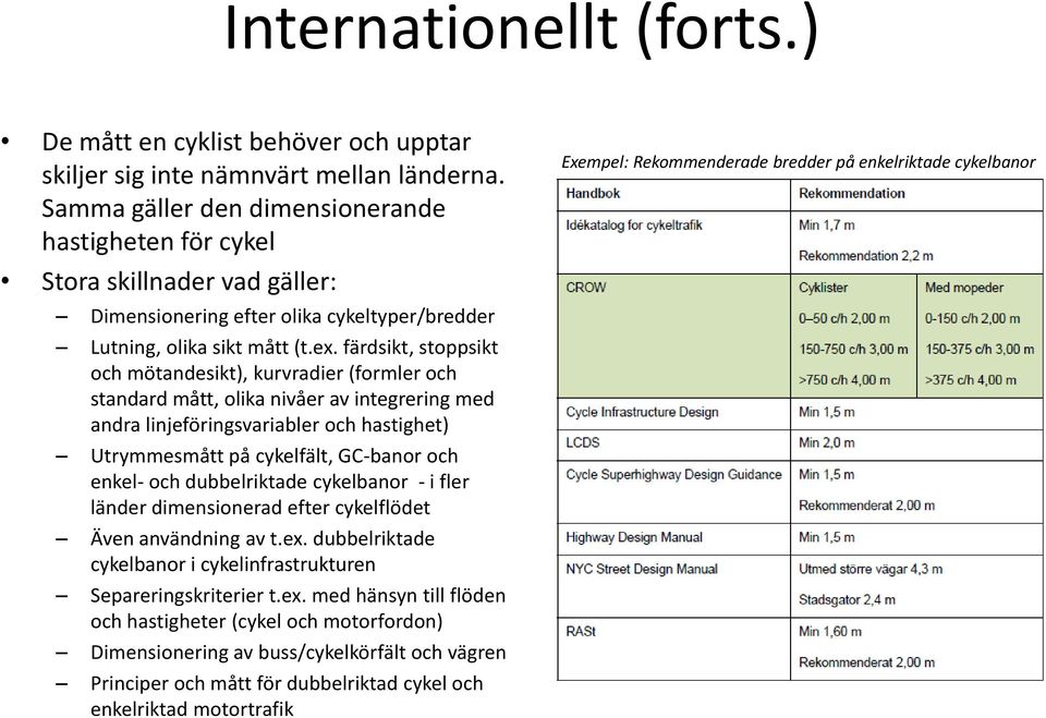 färdsikt, stoppsikt och mötandesikt), kurvradier (formler och standard mått, olika nivåer av integrering med andra linjeföringsvariabler och hastighet) Utrymmesmått på cykelfält, GC-banor och enkel-