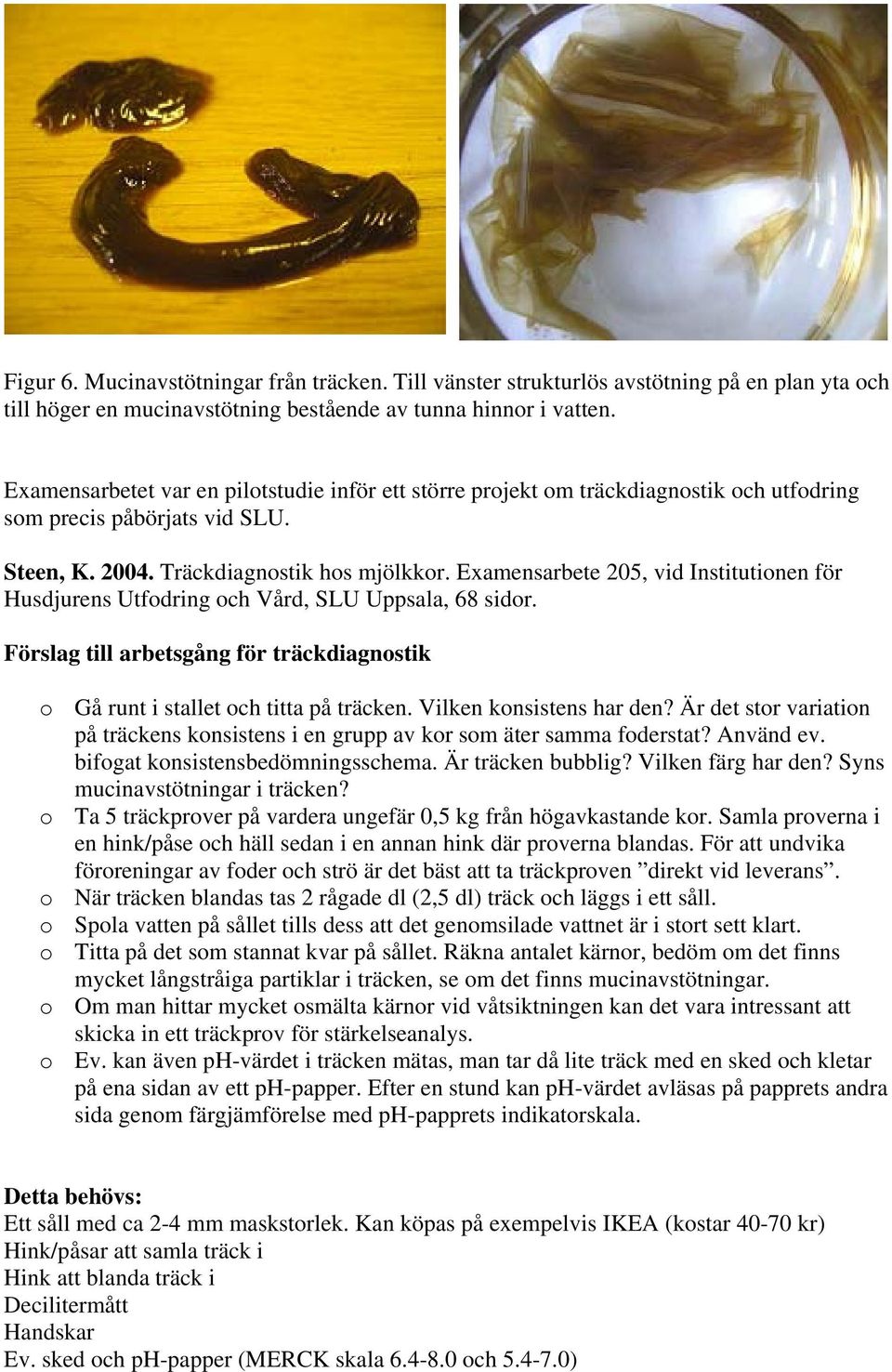 Examensarbete 205, vid Institutionen för Husdjurens Utfodring och Vård, SLU Uppsala, 68 sidor. Förslag till arbetsgång för träckdiagnostik o Gå runt i stallet och titta på träcken.