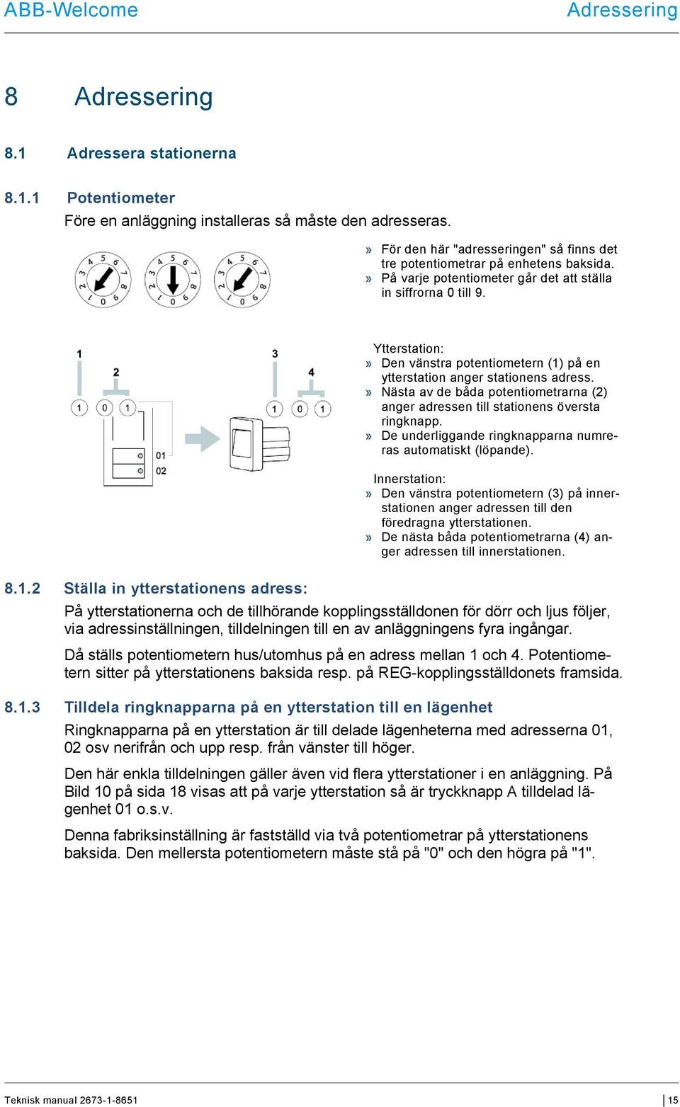 Ytterstation:» Den vänstra potentiometern (1) på en ytterstation anger stationens adress.» Nästa av de båda potentiometrarna (2) anger adressen till stationens översta ringknapp.