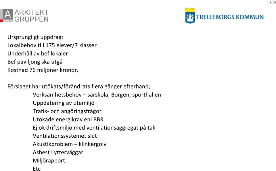 Förslaget har utökats/förändrats flera gånger efterhand; Verksamhetsbehov särskola, Borgen, sporthallen Uppdatering