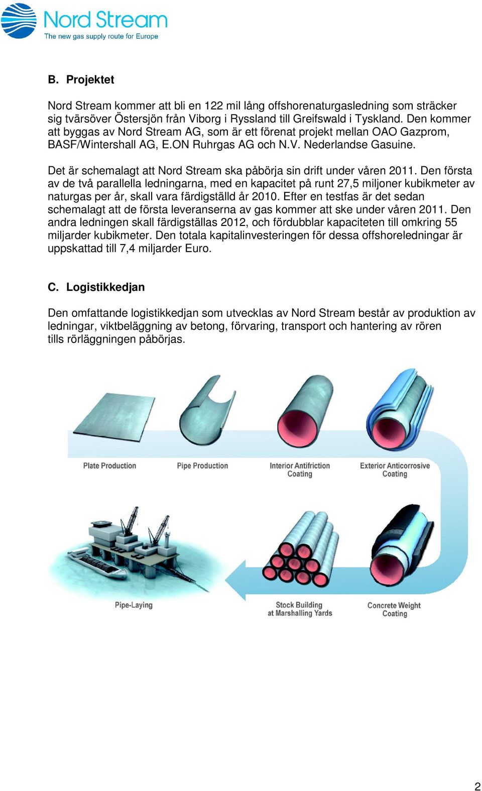 Det är schemalagt att Nord Stream ska påbörja sin drift under våren 2011.