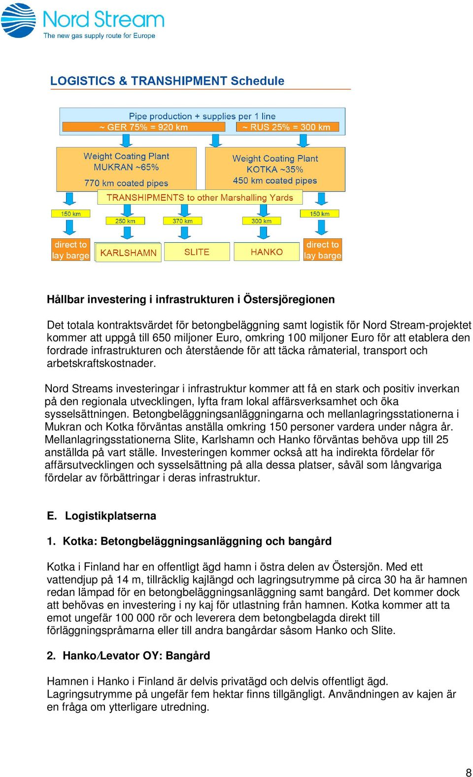 Nord Streams investeringar i infrastruktur kommer att få en stark och positiv inverkan på den regionala utvecklingen, lyfta fram lokal affärsverksamhet och öka sysselsättningen.