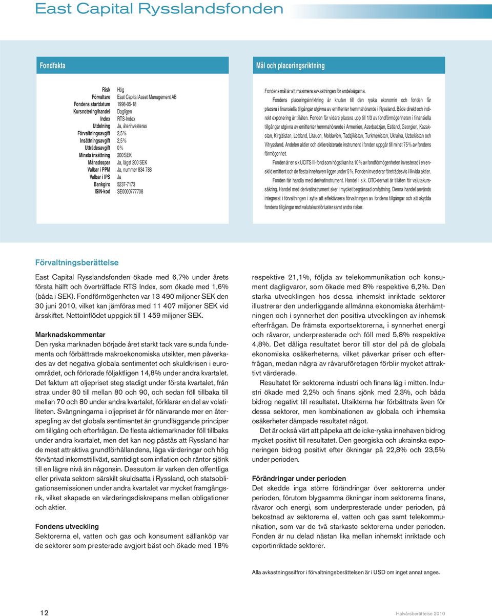 Bankgiro 5237-7173 ISIN-kod SE0000777708 Fondens mål är att maximera avkastningen för andelsägarna.