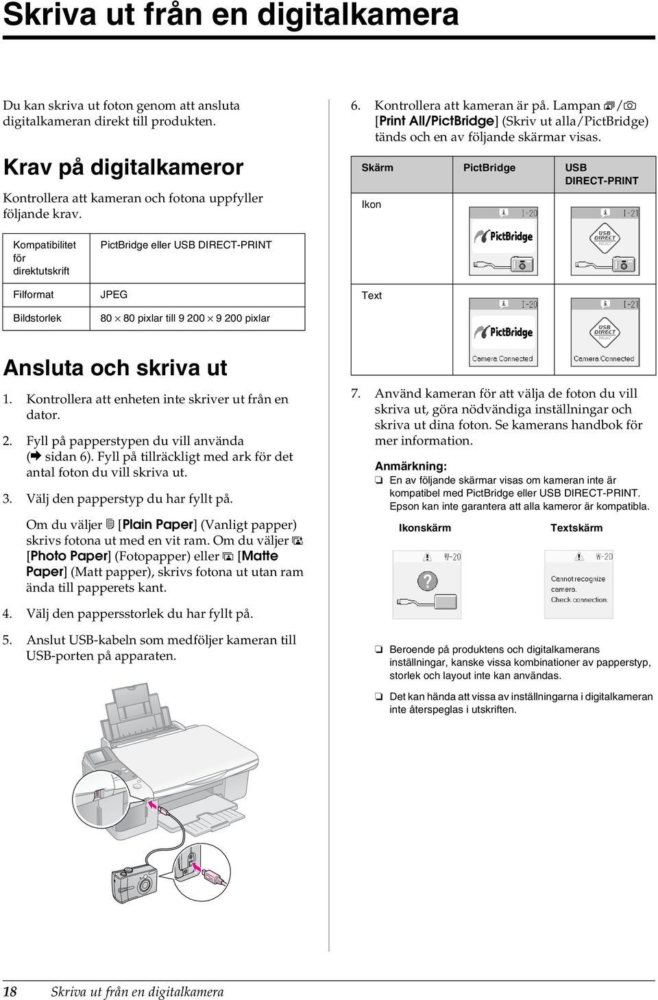 Skärm PictBridge USB DIRECT-PRINT Ikon Kompatibilitet för direktutskrift Filformat Bildstorlek PictBridge eller USB DIRECT-PRINT JPEG 80 80 pixlar till 9 200 9 200 pixlar Text Ansluta och skriva ut 1.