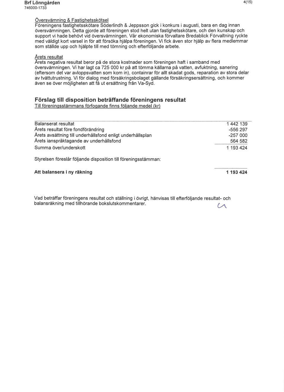 Vår ekonomiska förvaltare Bredablick Förvaltning ryckte med väldigt kort varsel in för att försöka hjälpa föreningen.