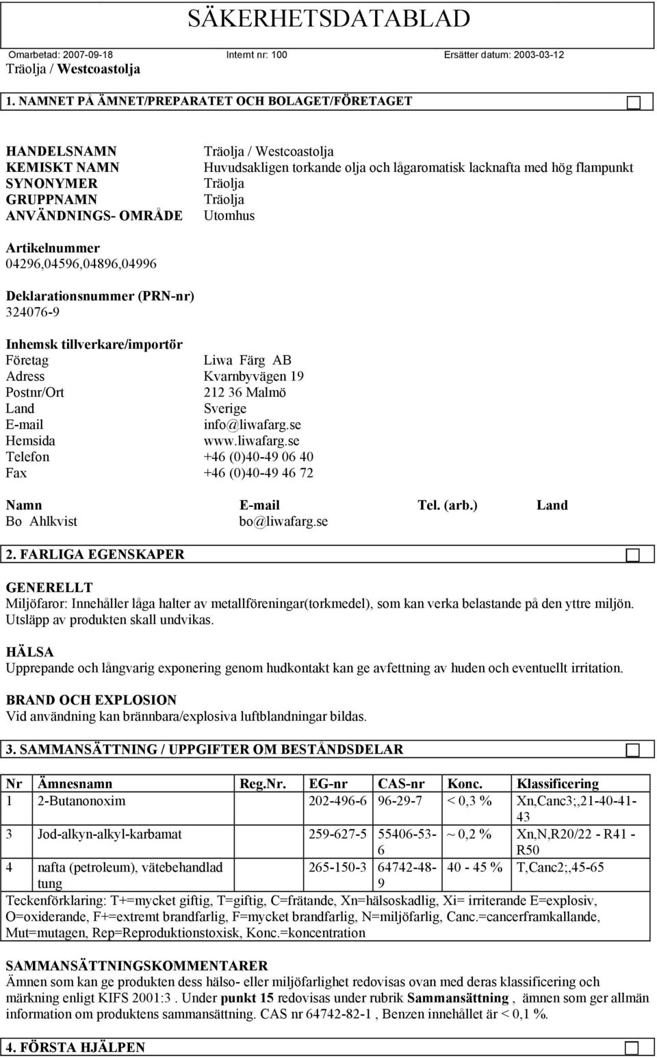 Sverige E-mail info@liwafarg.se Hemsida www.liwafarg.se Telefon +46 (0)40-49 06 40 Fax +46 (0)40-49 46 72 Namn E-mail Tel. (arb.) Land Bo Ahlkvist bo@liwafarg.se 2.