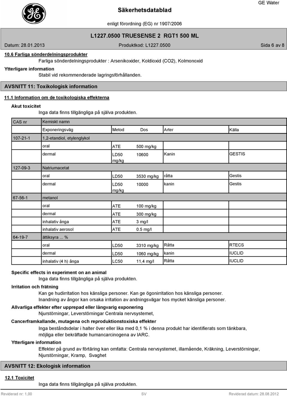 Kemiskt namn Exponeringsväg Metod Dos Arter Källa 107-21-1 1,2-etandiol, etylenglykol oral dermal 127-09-3 Natriumacetat oral dermal 67-56-1 metanol oral dermal 64-19-7 ättiksyra.