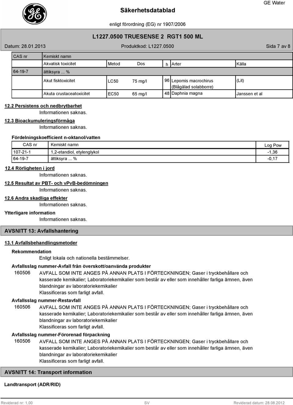 2 Persistens och nedbrytbarhet Informationen saknas. 12.3 Bioackumuleringsförmåga Informationen saknas.