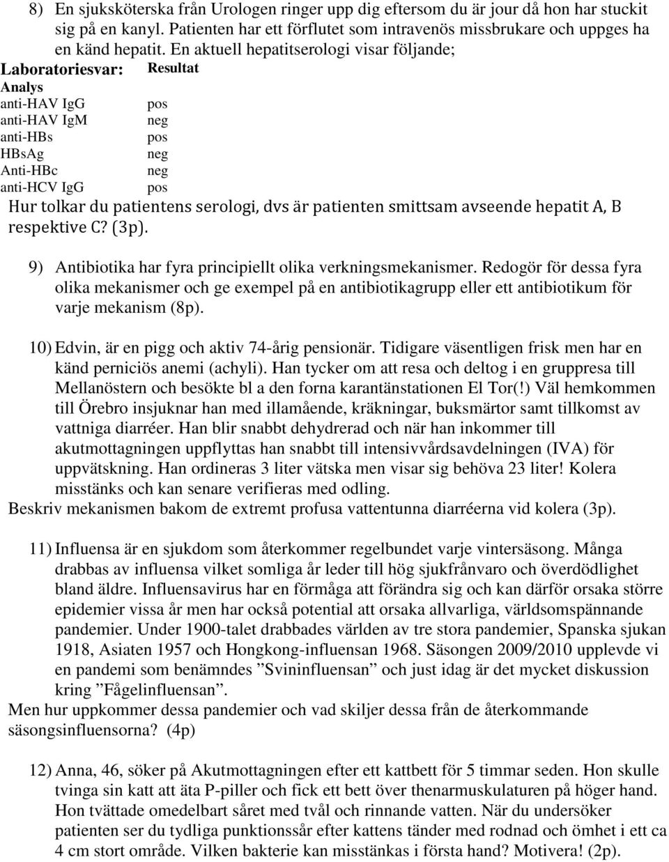 dvs är patienten smittsam avseende hepatit A, B respektive C? (3p). 9) Antibiotika har fyra principiellt olika verkningsmekanismer.