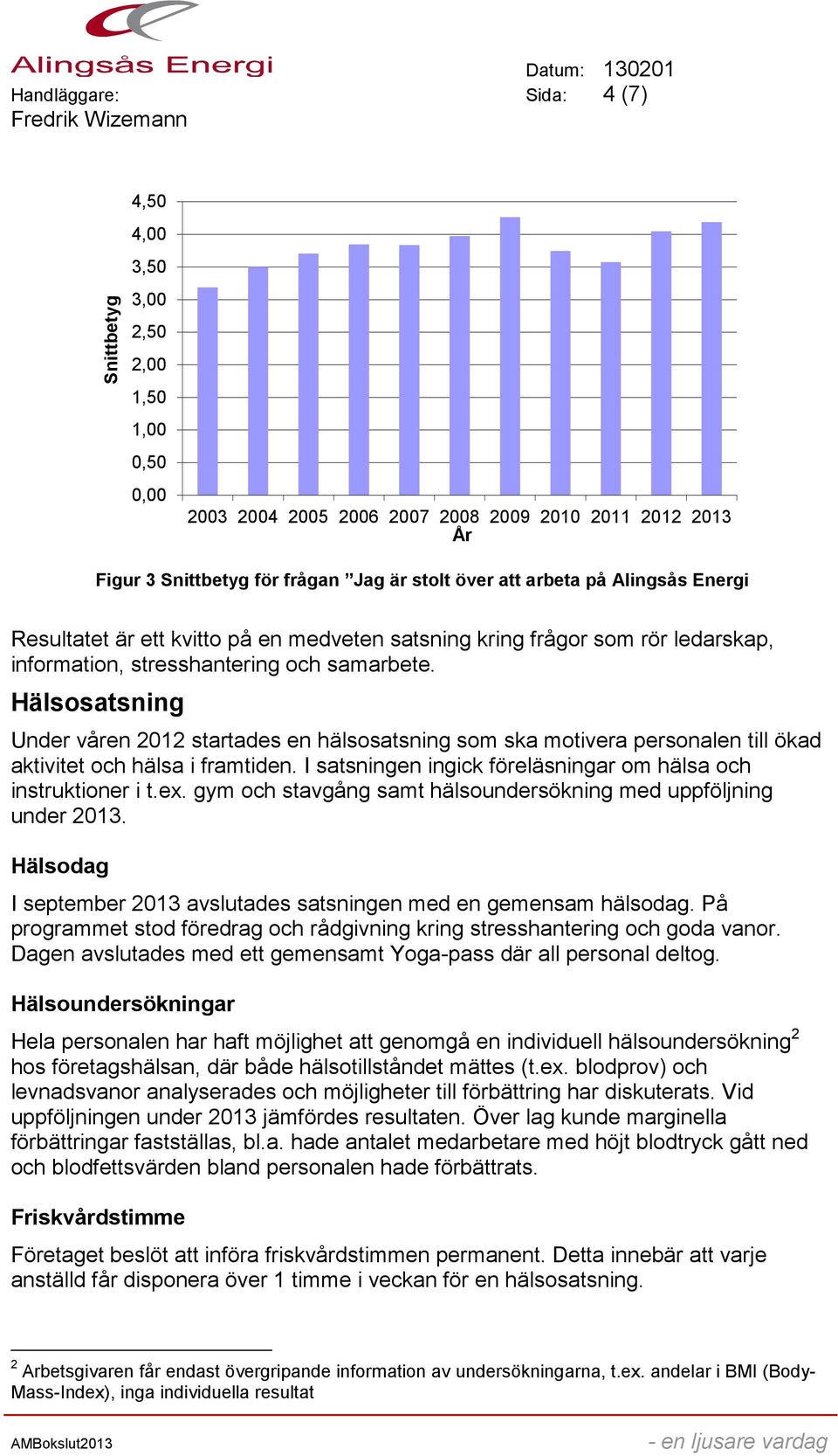 Hälsosatsning Under våren 2012 startades en hälsosatsning som ska motivera personalen till ökad aktivitet och hälsa i framtiden. I satsningen ingick föreläsningar om hälsa och instruktioner i t.ex.