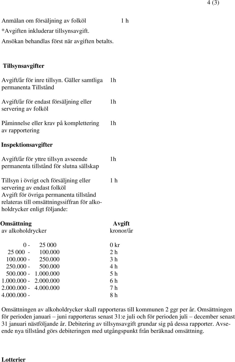 tillsyn avseende permanenta tillstånd för slutna sällskap Tillsyn i övrigt och försäljning eller servering av endast folköl Avgift för övriga permanenta tillstånd relateras till omsättningssiffran