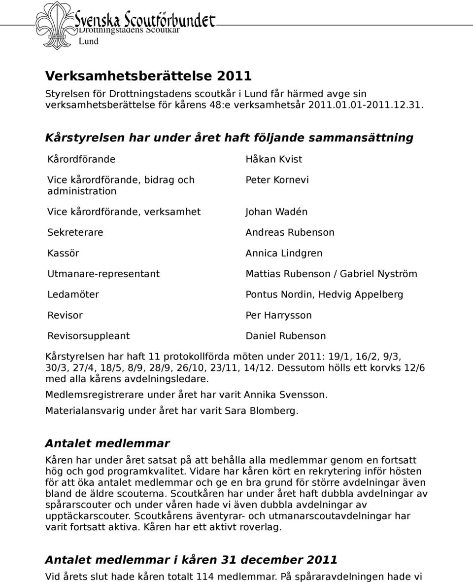 Revisor Revisorsuppleant Håkan Kvist Peter Kornevi Johan Wadén Andreas Rubenson Annica Lindgren Mattias Rubenson / Gabriel Nyström Pontus Nordin, Hedvig Appelberg Per Harrysson Daniel Rubenson