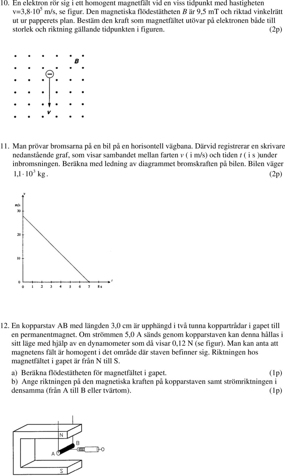 Därvid registrerar en skrivare nedanstående graf, som visar sambandet mellan farten v ( i m/s) och tiden t ( i s )under inbromsningen. Beräkna med ledning av diagrammet bromskraften på bilen.