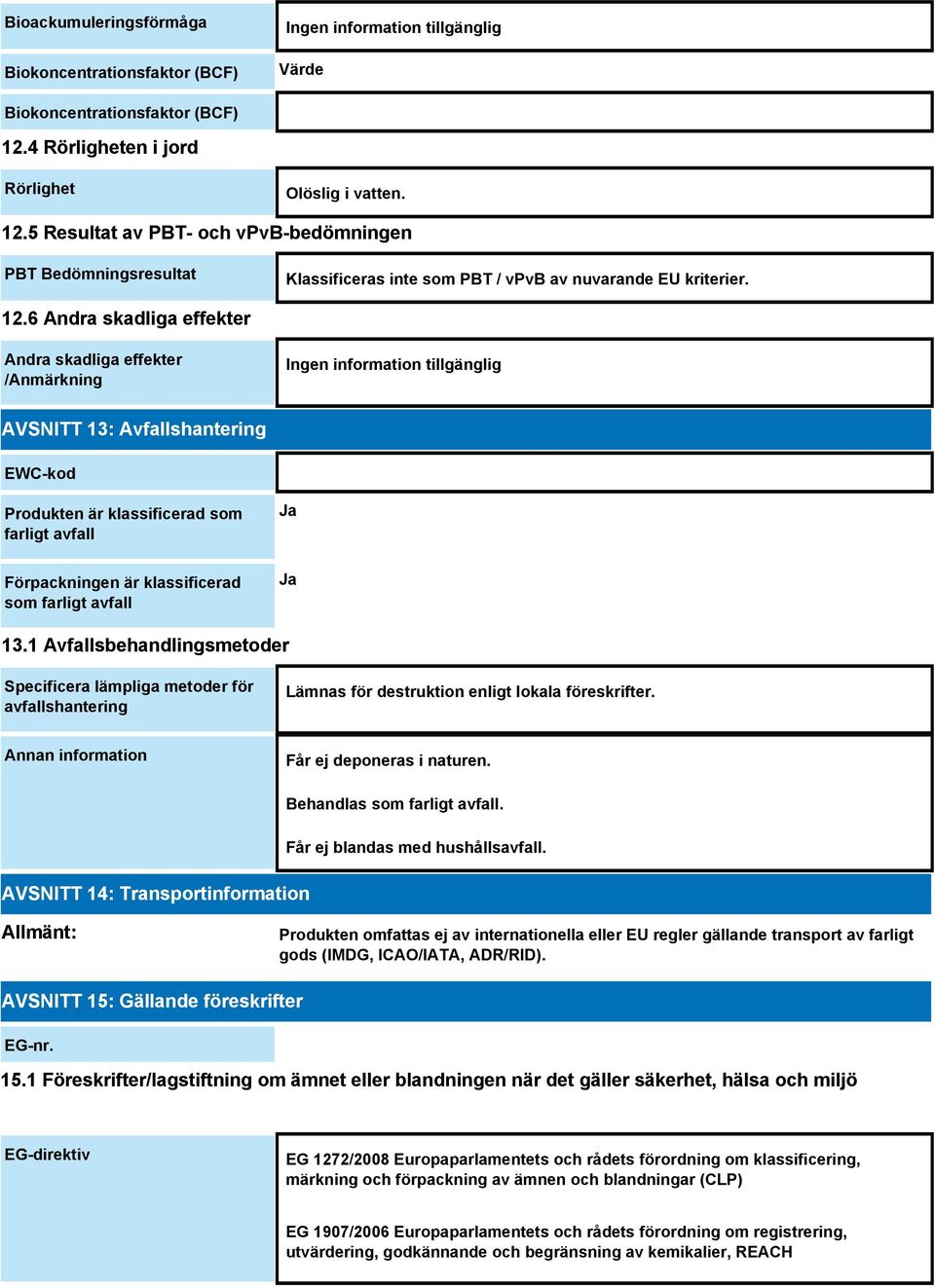 5 Resultat av PBT- och vpvb-bedömningen PBT Bedömningsresultat Klassificeras inte som PBT / vpvb av nuvarande EU kriterier. 12.