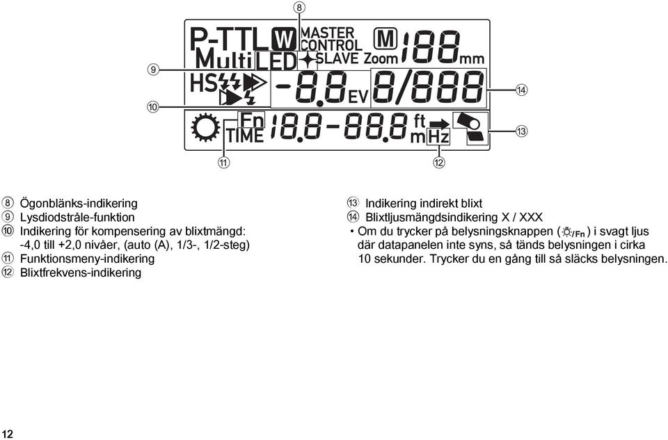 indirekt blixt d Blixtljusmängdsindikering X / XXX Om du trycker på belysningsknappen ( ) i svagt ljus där