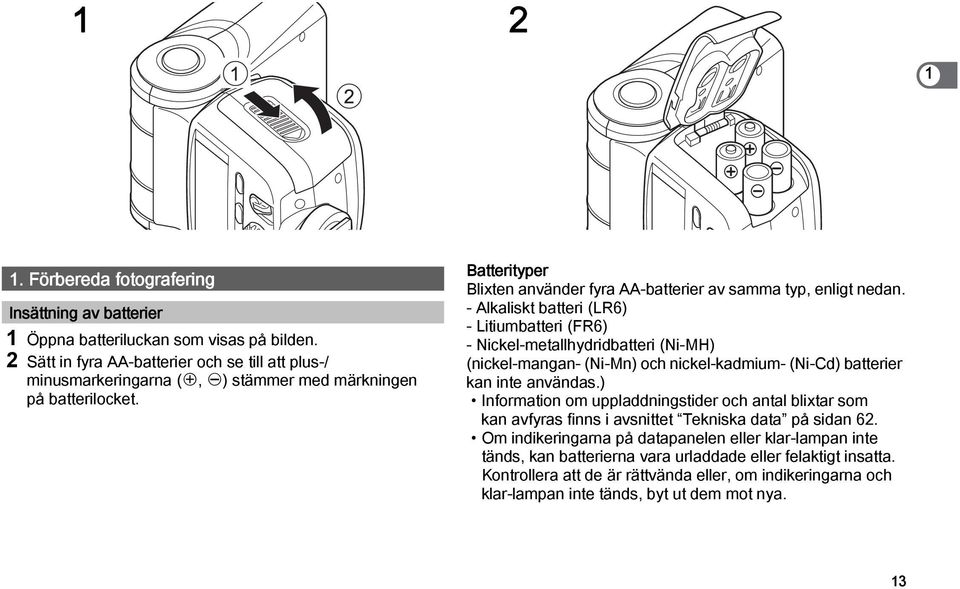 - Alkaliskt batteri (LR6) - Litiumbatteri (FR6) - Nickel-metallhydridbatteri (Ni-MH) (nickel-mangan- (Ni-Mn) och nickel-kadmium- (Ni-Cd) batterier kan inte användas.