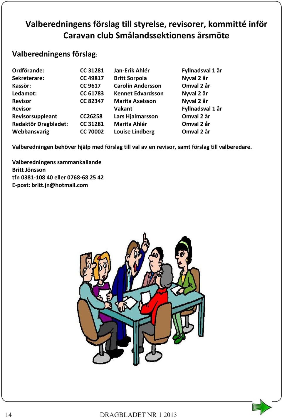 Fyllnadsval 1 år Revisorsuppleant CC26258 Lars Hjalmarsson Omval 2 år Redaktör Dragbladet: CC 31281 Marita Ahlér Omval 2 år Webbansvarig CC 70002 Louise Lindberg Omval 2 år Valberedningen behöver