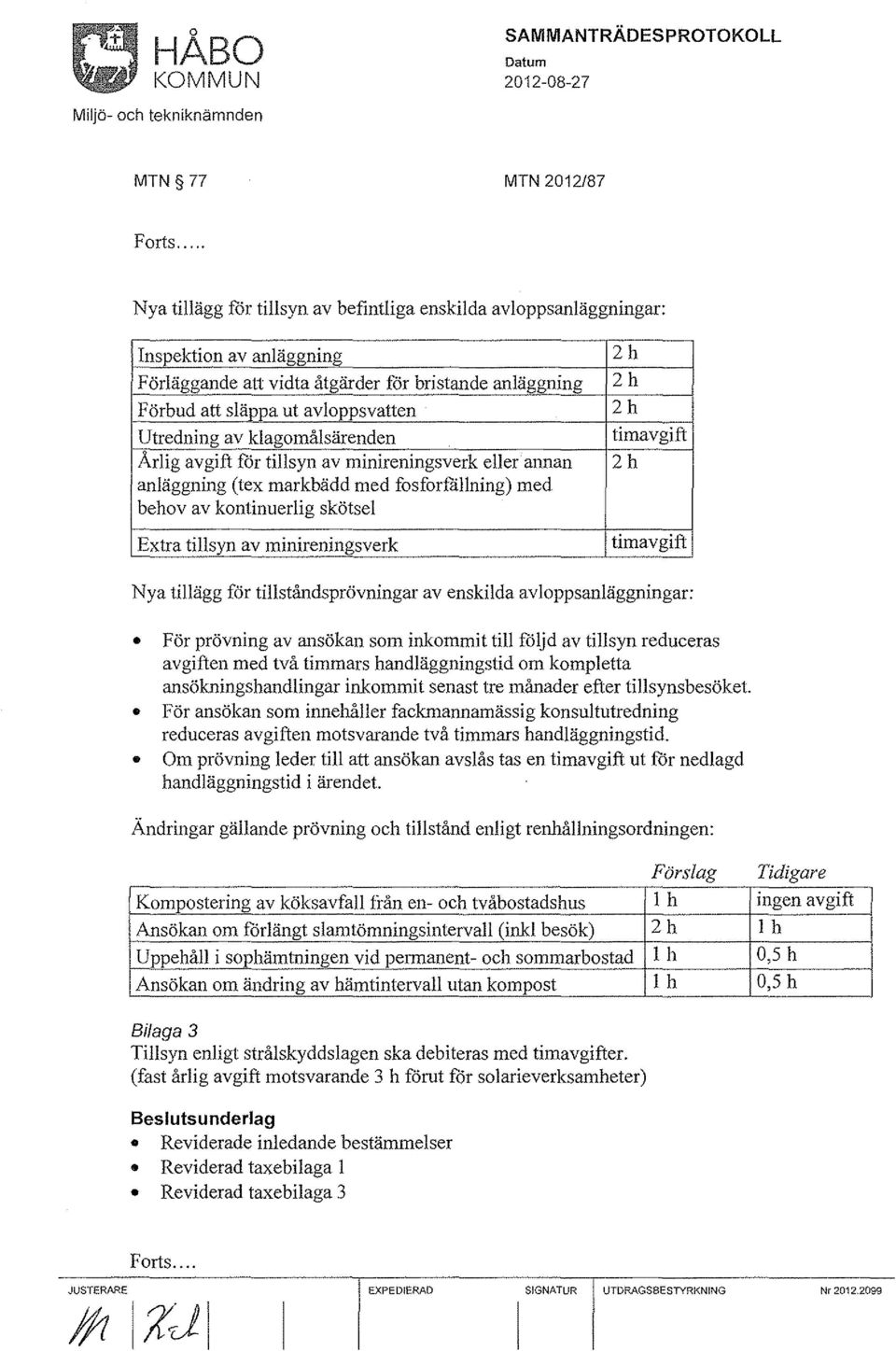 av klagomålsärenden Årlig avgift för tillsyn av minireningsverk eller annan anläggning (tex markbädd med fosforfållning) med behov av kontinuerlig skötsel Extra tillsyn av minireningsverk 2h 2h 2h