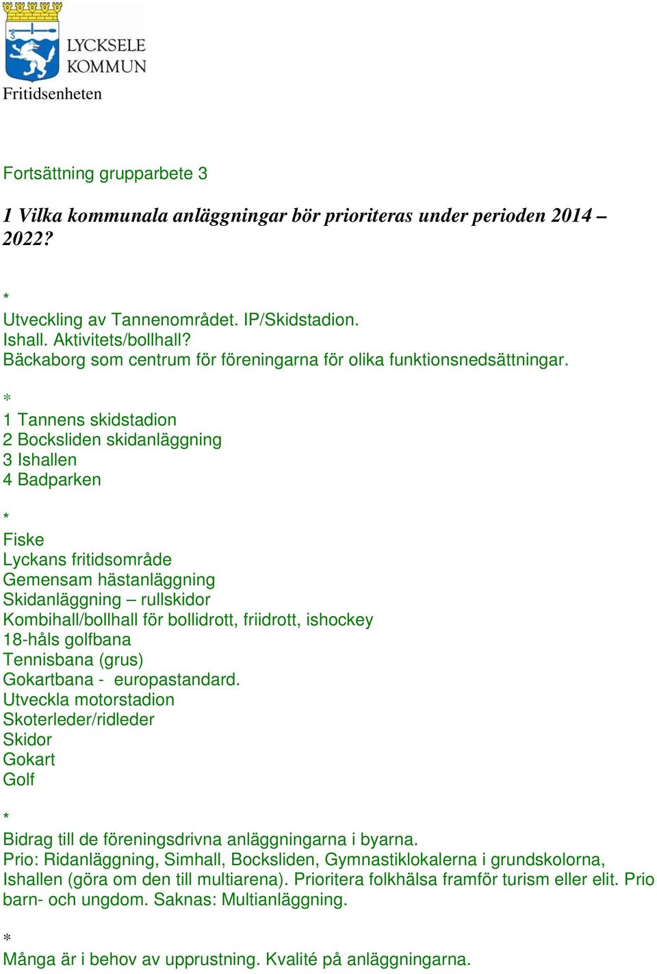 1 Tannens skidstadion 2 Bocksliden skidanläggning 3 Ishallen 4 Badparken Fiske Lyckans fritidsområde Gemensam hästanläggning Skidanläggning rullskidor Kombihall/bollhall för bollidrott, friidrott,