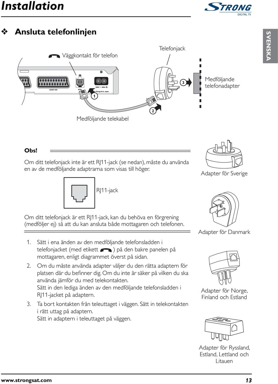 Adapter för Sverige RJ11-jack Om ditt telefonjack är ett RJ11-jack, kan du behöva en förgrening (medföljer ej) så att du kan ansluta både mottagaren och telefonen. 1.