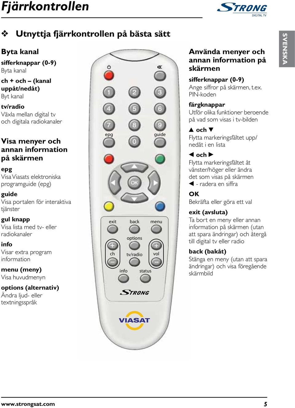 program information menu (meny) Visa huvudmenyn options (alternativ) Ändra ljud- eller textningsspråk epg exit back menu + ch info options tv/radio status guide vol Använda menyer och annan