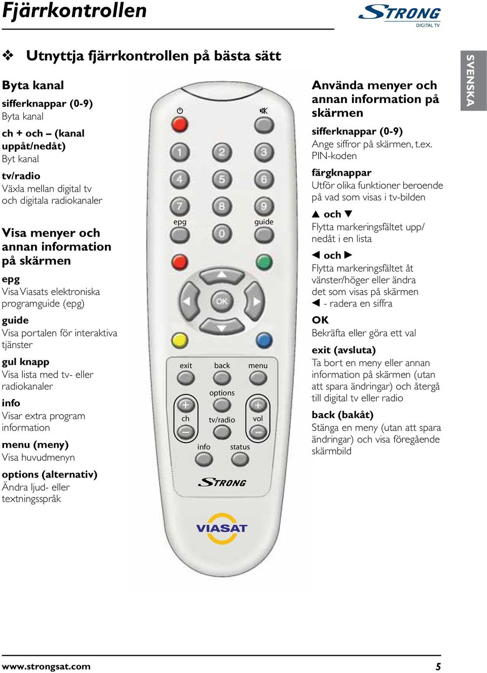 program information menu (meny) Visa huvudmenyn options (alternativ) Ändra ljud- eller textningsspråk epg exit back menu + ch info options tv/radio status guide vol Använda menyer och annan