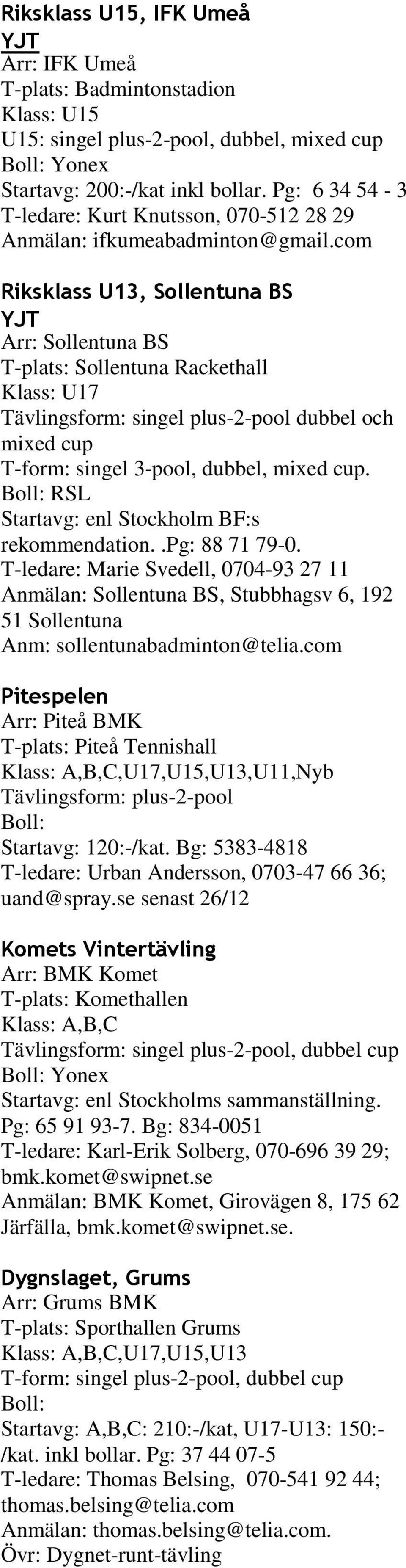 com Riksklass U13, Sollentuna BS Arr: Sollentuna BS T-plats: Sollentuna Rackethall Klass: U17 Tävlingsform: singel plus-2-pool dubbel och mixed cup T-form: singel 3-pool, dubbel, mixed cup.