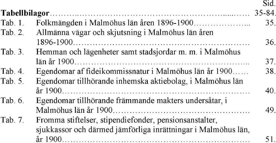 Egendomar af fideikommissnatur i Malmöhus län år 1900 38. Tab. 5. Egendomar tillhörande inhemska aktiebolag, i Malmöhus län år 1900. 40. Tab. 6.