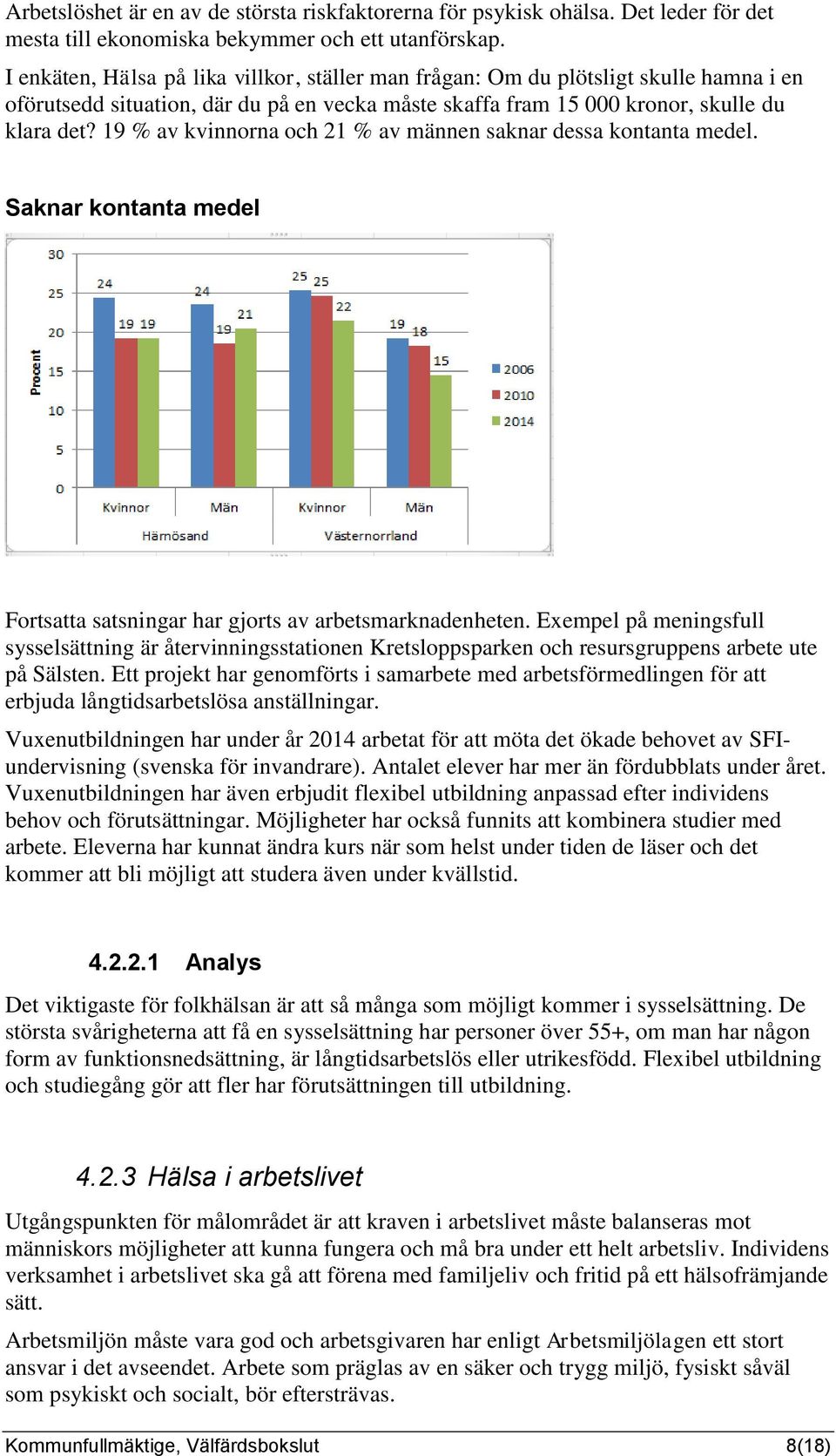 19 % av kvinnorna och 21 % av männen saknar dessa kontanta medel. Saknar kontanta medel Fortsatta satsningar har gjorts av arbetsmarknadenheten.