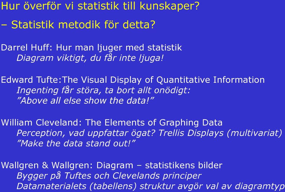 Edward Tufte:The Visual Display of Quantitative Information Ingenting får störa, ta bort allt onödigt: Above all else show the data!
