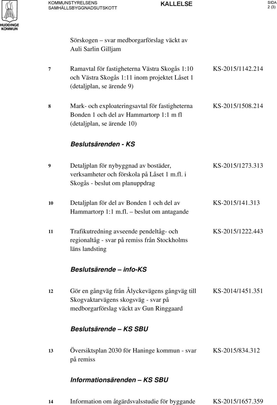 214 Beslutsärenden - KS 9 Detaljplan för nybyggnad av bostäder, verksamheter och förskola på Låset 1 m.fl. i Skogås - beslut om planuppdrag KS-2015/1273.