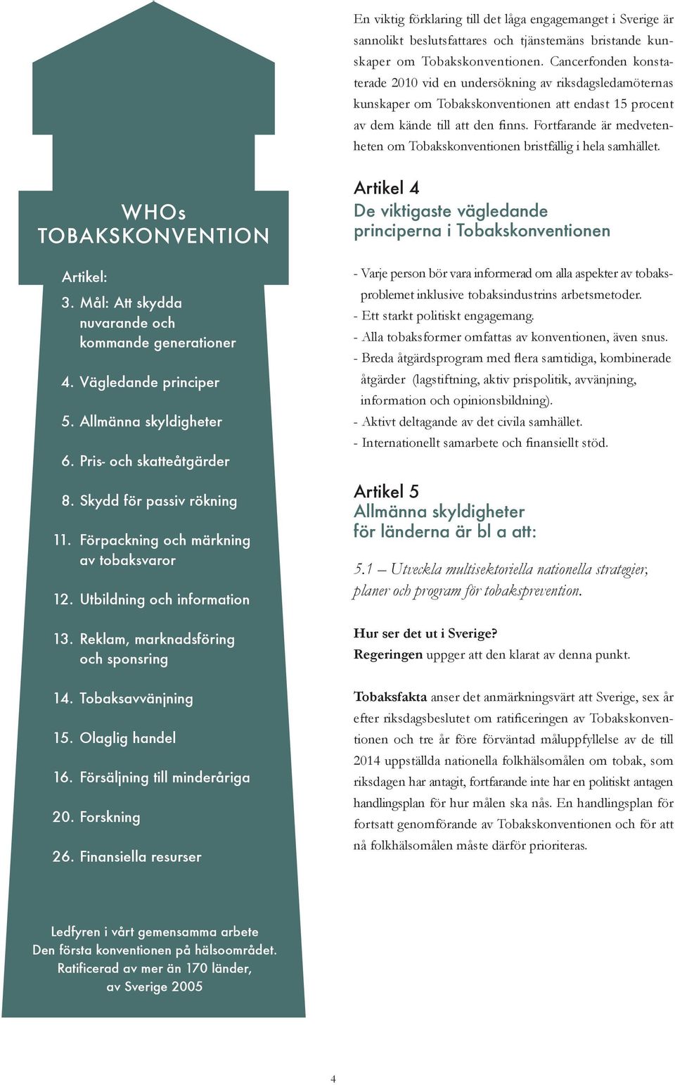 Fortfarande är medvetenheten om Tobakskonventionen bristfällig i hela samhället. WHOs TOBAKSKONVENTION Artikel: 3. Mål: Att skydda nuvarande och kommande generationer 4. Vägledande principer 5.