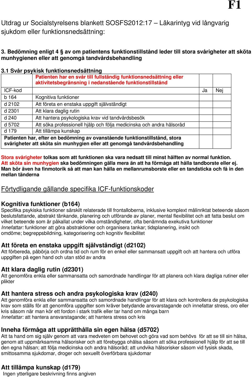 d 5702 Att söka professionell hjälp och följa medicinska och andra hälsoråd d 179 Att tillämpa kunskap mellan tänderna Kognitiva funktioner (b164) Specifika psykiska funktioner särskilt relaterade