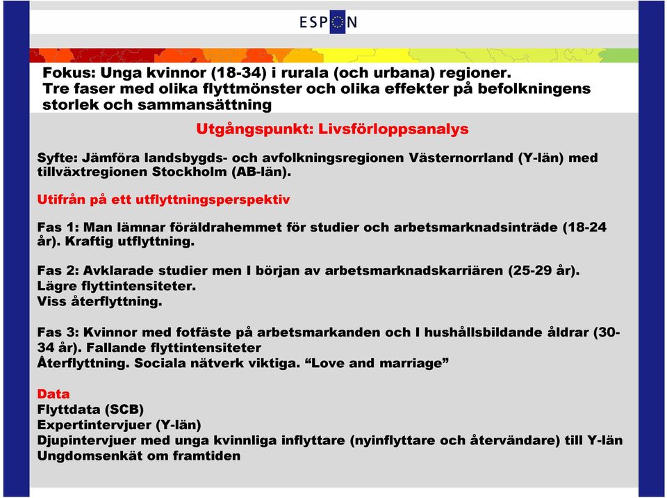 (Y-län) med tillväxtregionen Stockholm (AB-län). Utifrån på ett utflyttningsperspektiv Fas 1: Man lämnar föräldrahemmet för studier och arbetsmarknadsinträde (18-24 år). Kraftig utflyttning.