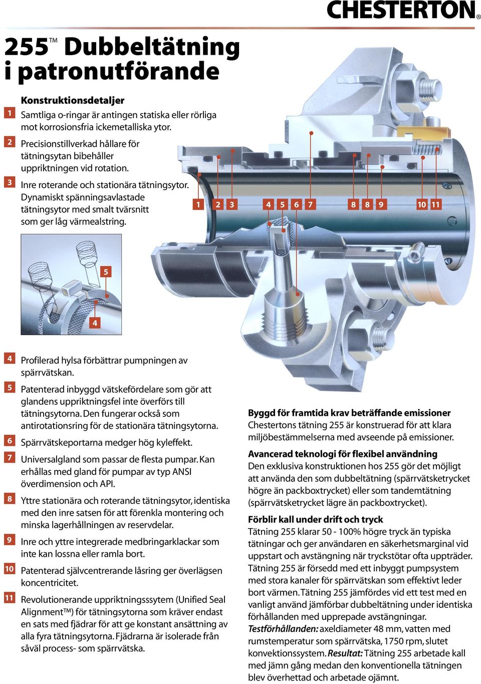 Dynamiskt spänningsavlastade tätningsytor med smalt tvärsnitt som ger låg värmealstring. 1 2 3 6 7 HSTRTON 9 10 11 6 7 9 10 11 Profilerad hylsa förbättrar pumpningen av spärrvätskan.
