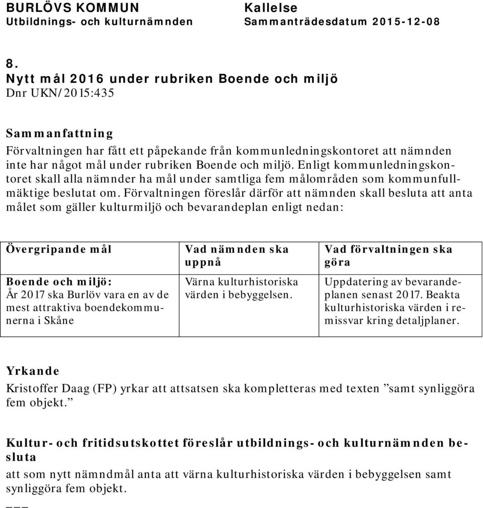 Förvaltningen föreslår därför att nämnden skall besluta att anta målet som gäller kulturmiljö och bevarandeplan enligt nedan: Övergripande mål Boende och miljö: År 2017 ska Burlöv vara en av de mest